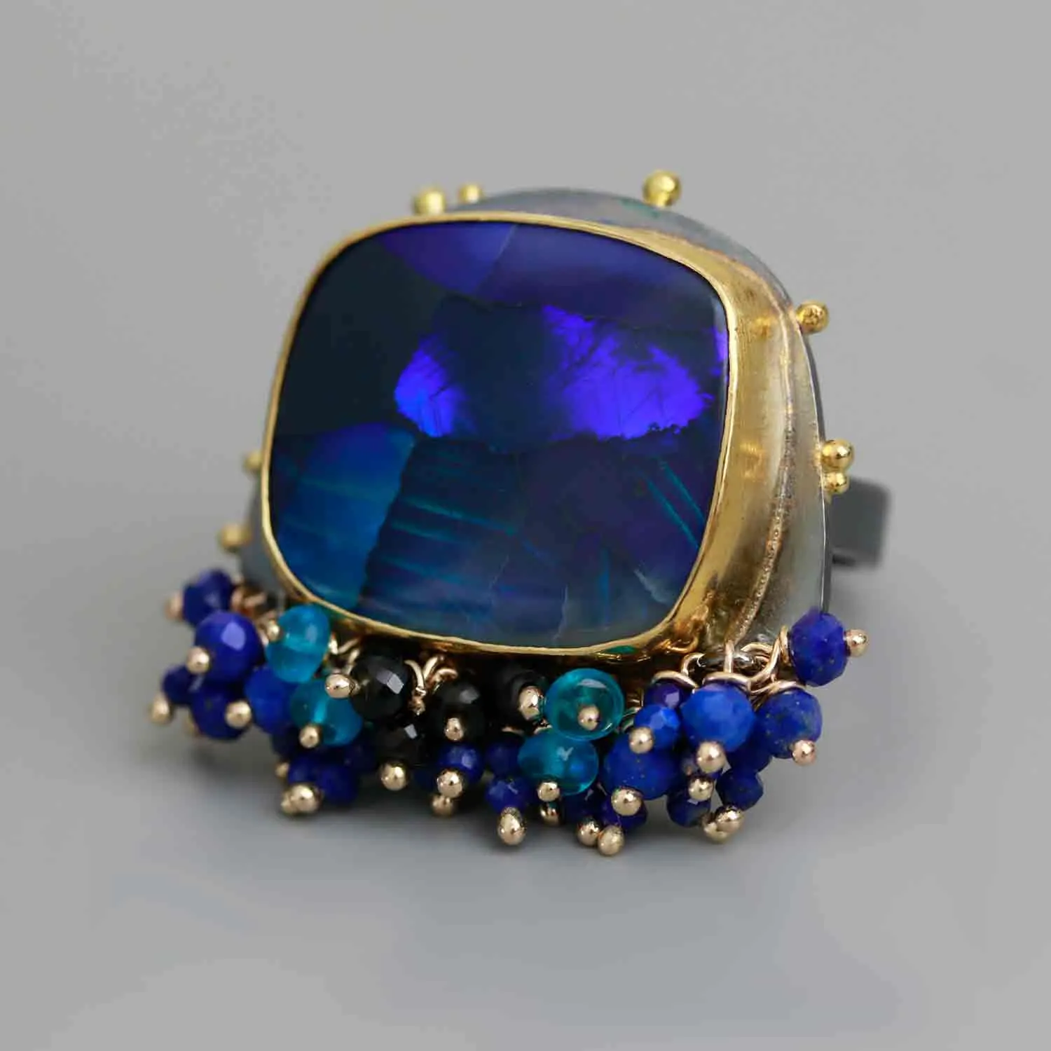 Sold! Lightning Ridge Black Opal Ring with Fringe and Gold Dotted Edges. Size 6 1/2.