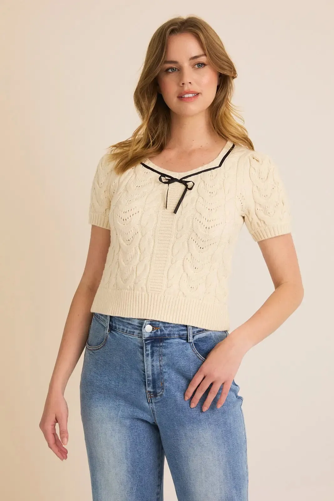 SQUARE NECK PUFF HALF SLEEVE FRONT TIE CABLE SWEATER