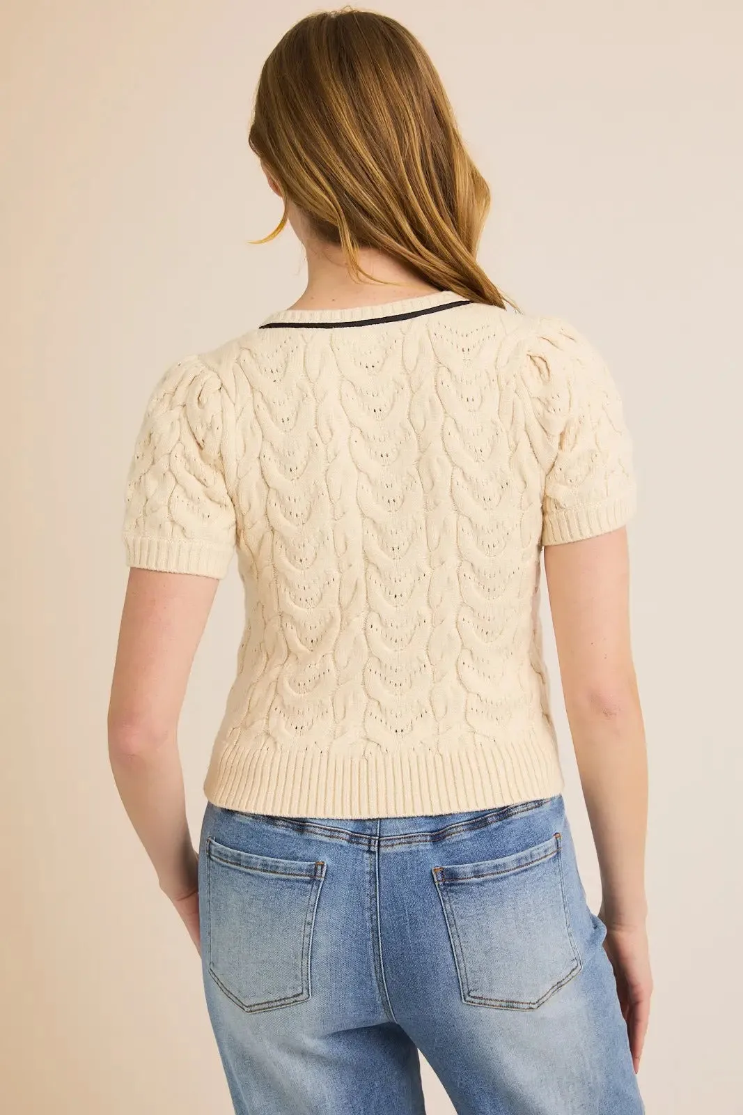 SQUARE NECK PUFF HALF SLEEVE FRONT TIE CABLE SWEATER