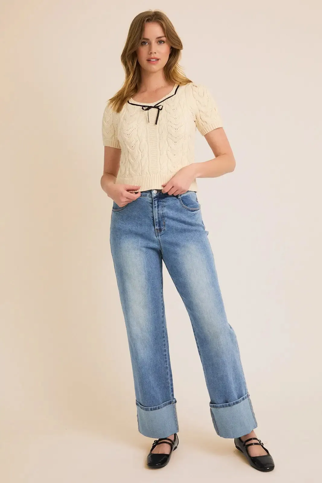 SQUARE NECK PUFF HALF SLEEVE FRONT TIE CABLE SWEATER