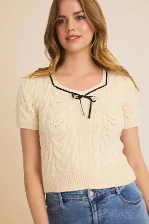 SQUARE NECK PUFF HALF SLEEVE FRONT TIE CABLE SWEATER