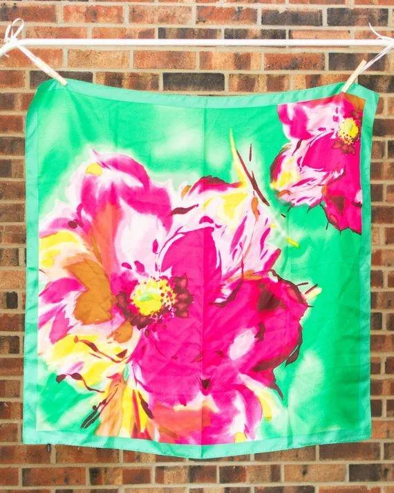 Talbots Floral Orchid 100% Silk Scarf, Vibrant Colors, Pink, Green, and Yellow