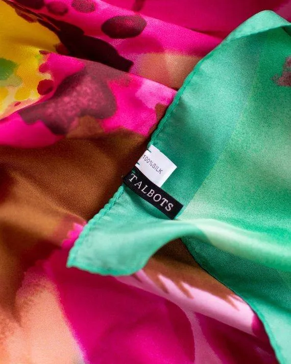 Talbots Floral Orchid 100% Silk Scarf, Vibrant Colors, Pink, Green, and Yellow