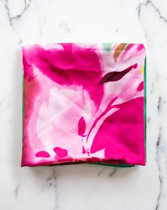 Talbots Floral Orchid 100% Silk Scarf, Vibrant Colors, Pink, Green, and Yellow