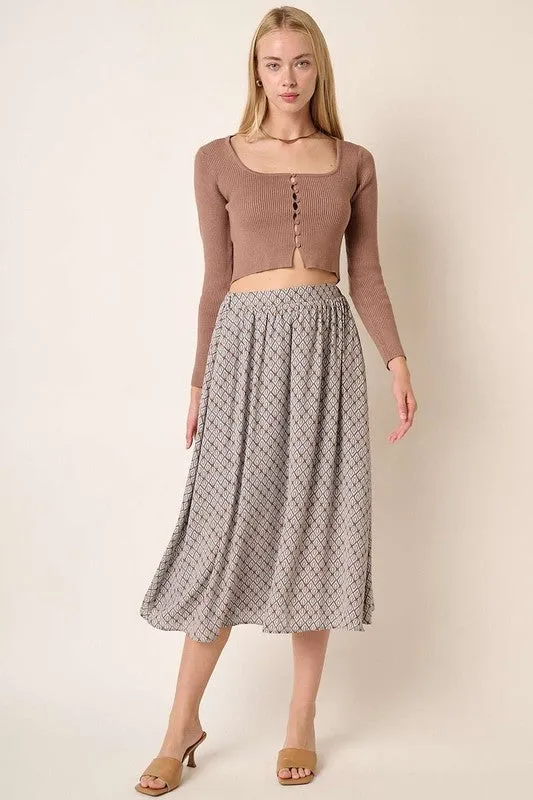 Taupe Color Printed Midi Skirt