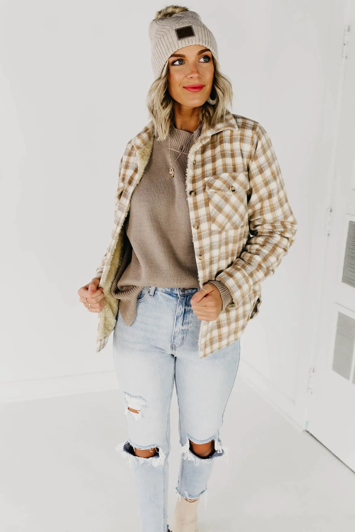The Selena Plaid Faux Fur Shacket - Light Taupe