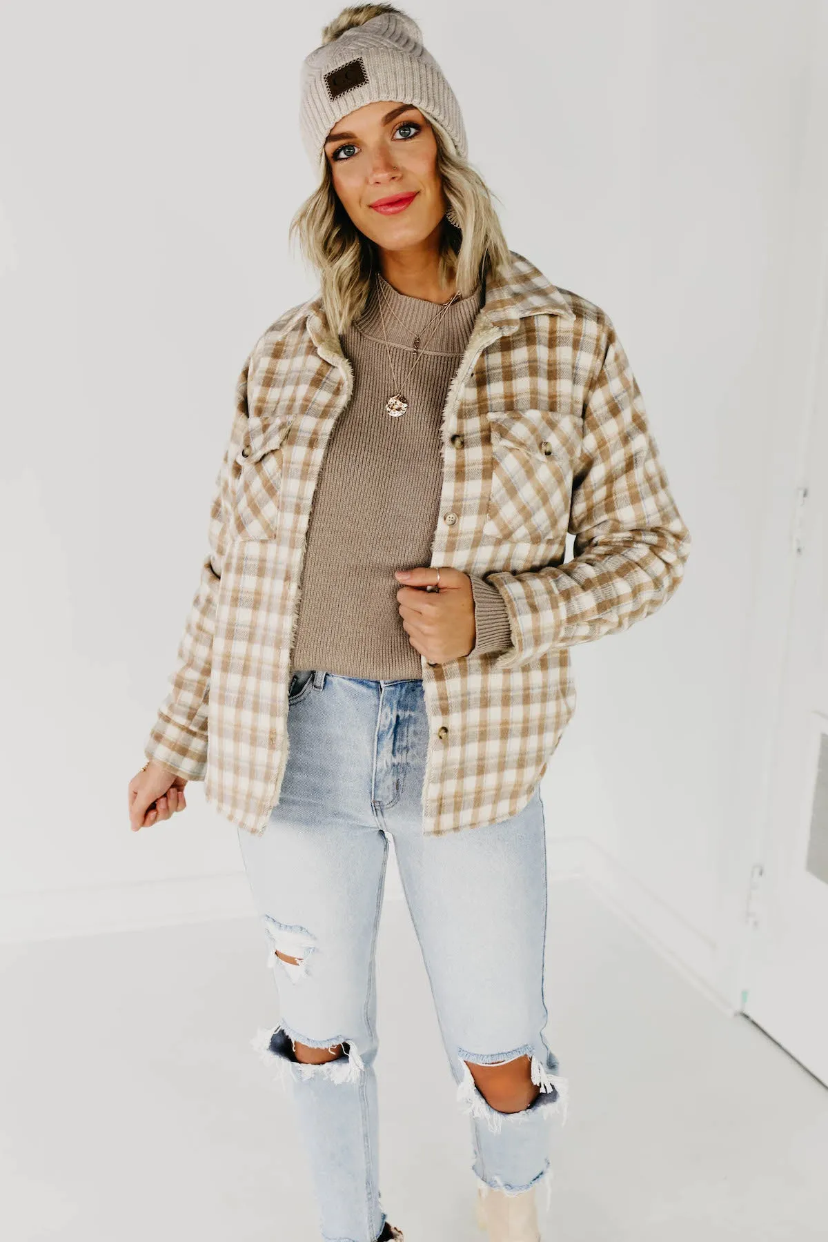 The Selena Plaid Faux Fur Shacket - Light Taupe