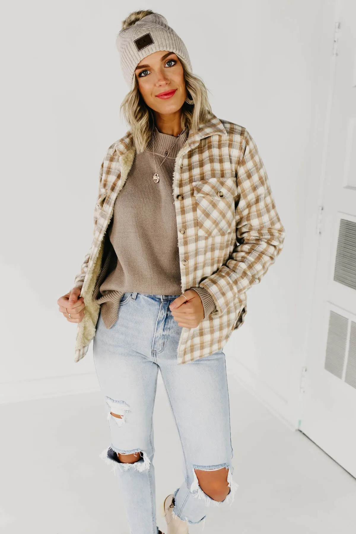 The Selena Plaid Faux Fur Shacket - Light Taupe