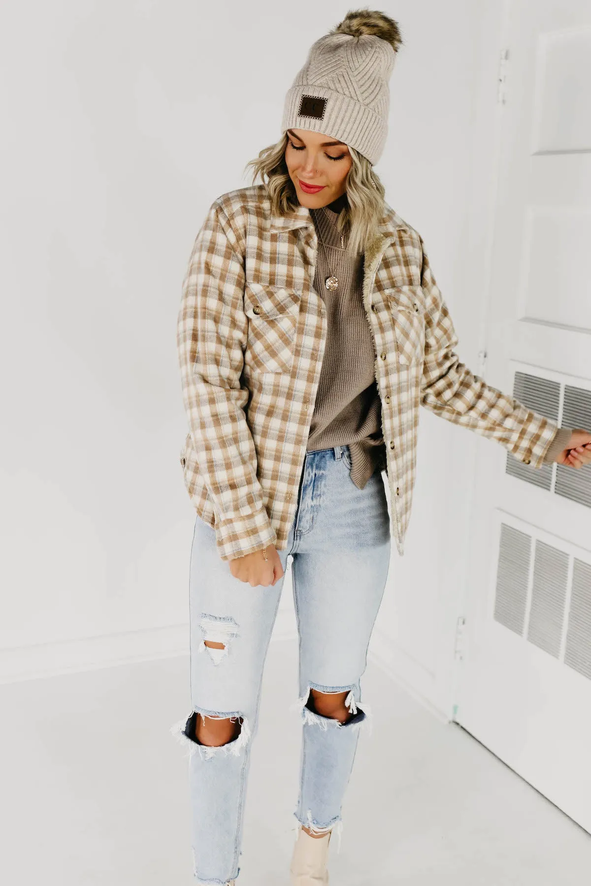 The Selena Plaid Faux Fur Shacket - Light Taupe