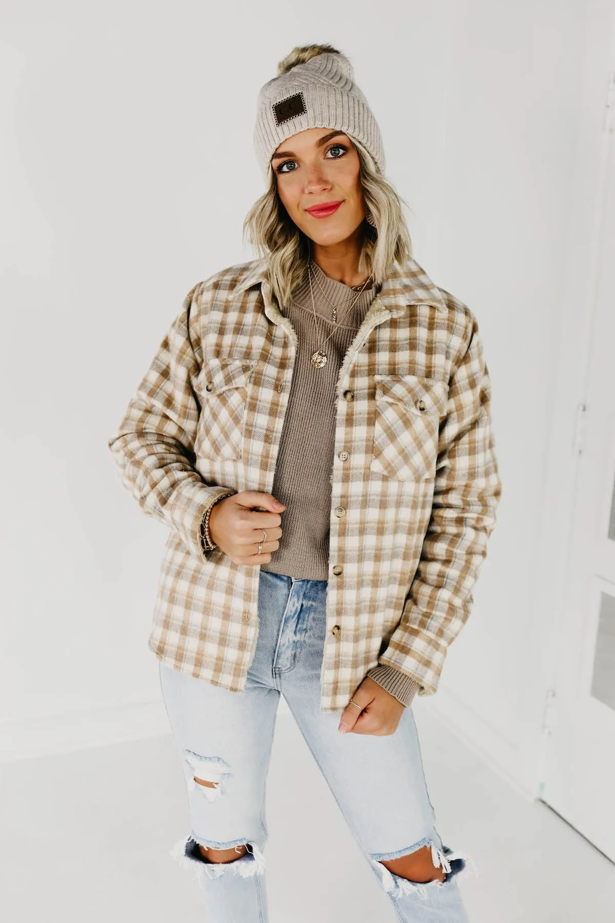 The Selena Plaid Faux Fur Shacket - Light Taupe