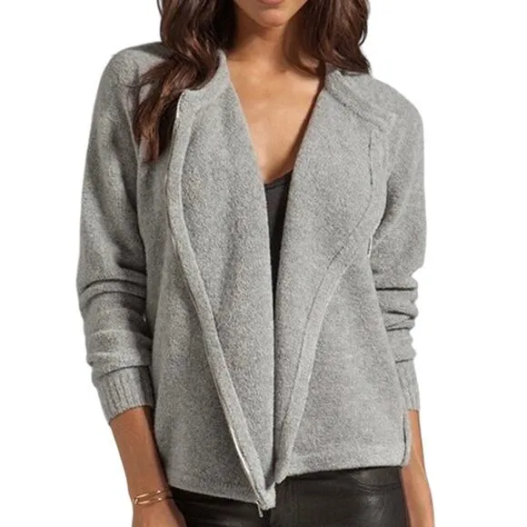 Theory Grey Wool Cynth B Boucle Asymmetrical Zip Sweater