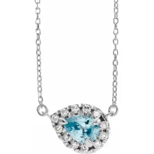 Tilted Aquamarine Pear Cut Diamond Halo 14K Solid Gold Necklace