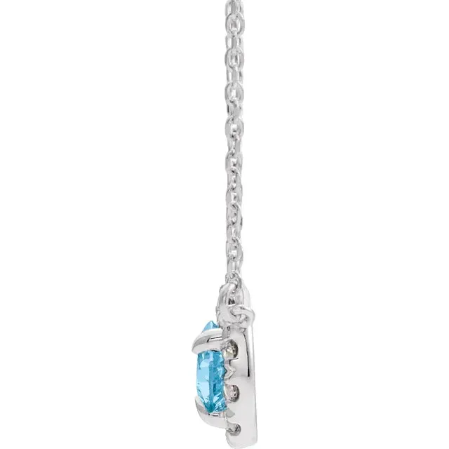 Tilted Aquamarine Pear Cut Diamond Halo 14K Solid Gold Necklace