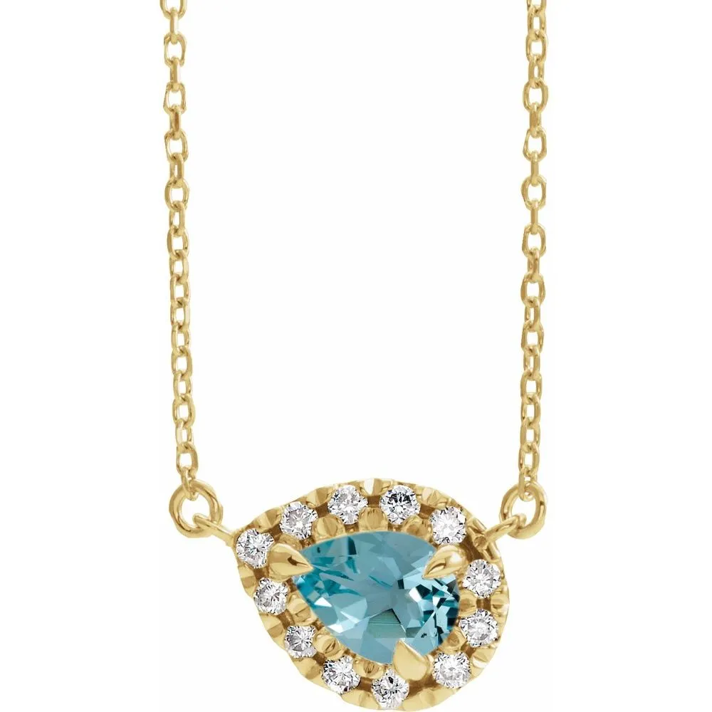Tilted Aquamarine Pear Cut Diamond Halo 14K Solid Gold Necklace