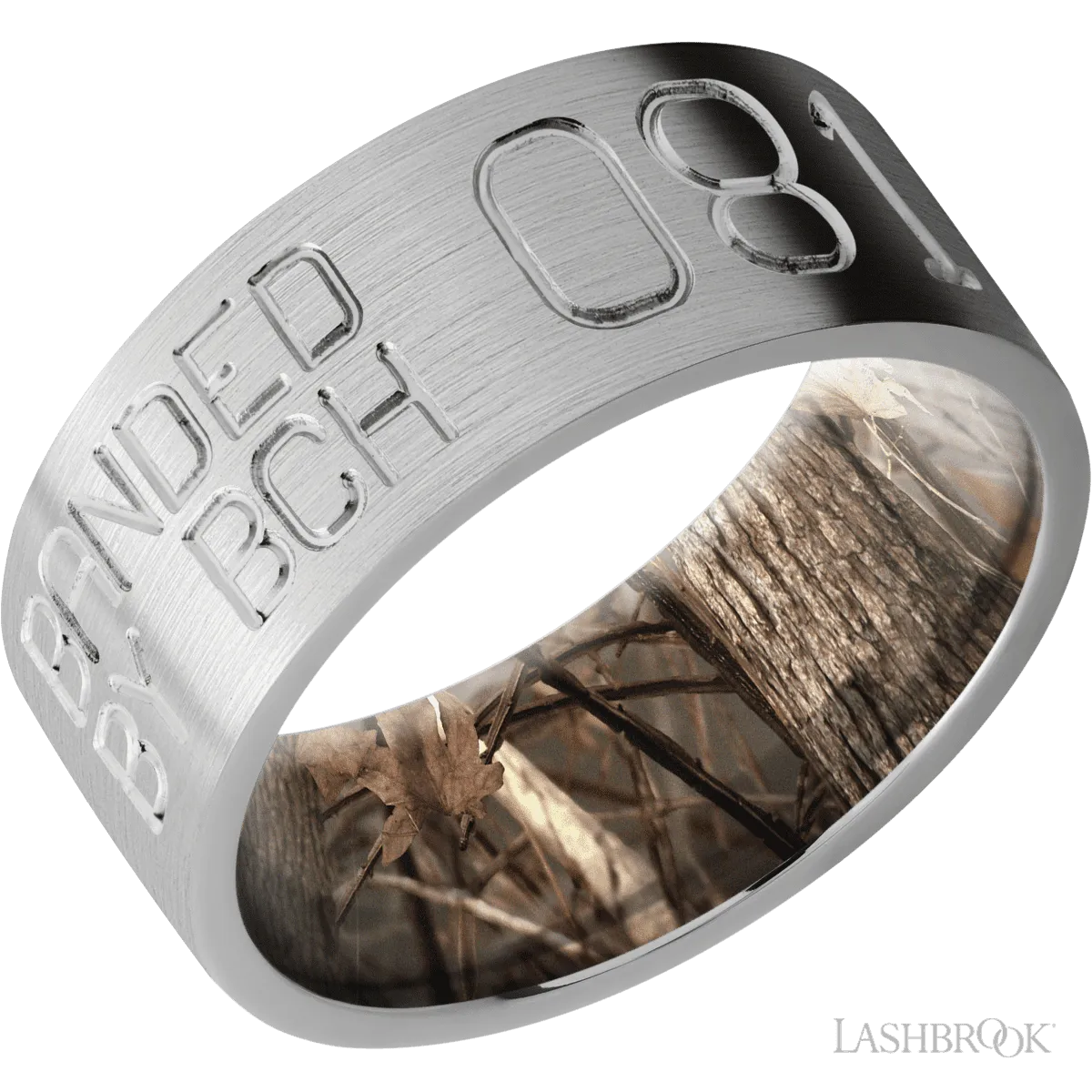 Titanium band with a machined duck band pattern also featuring a king's woodland sleeve