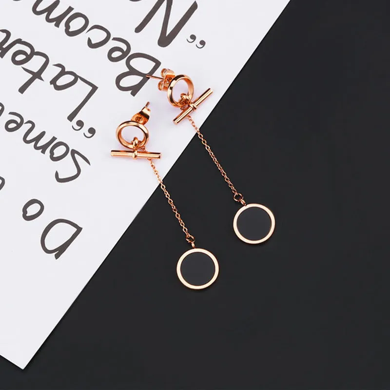 Titanium Steel Simple Round Cake Earrings Long Rose Gold Tassel Earrings