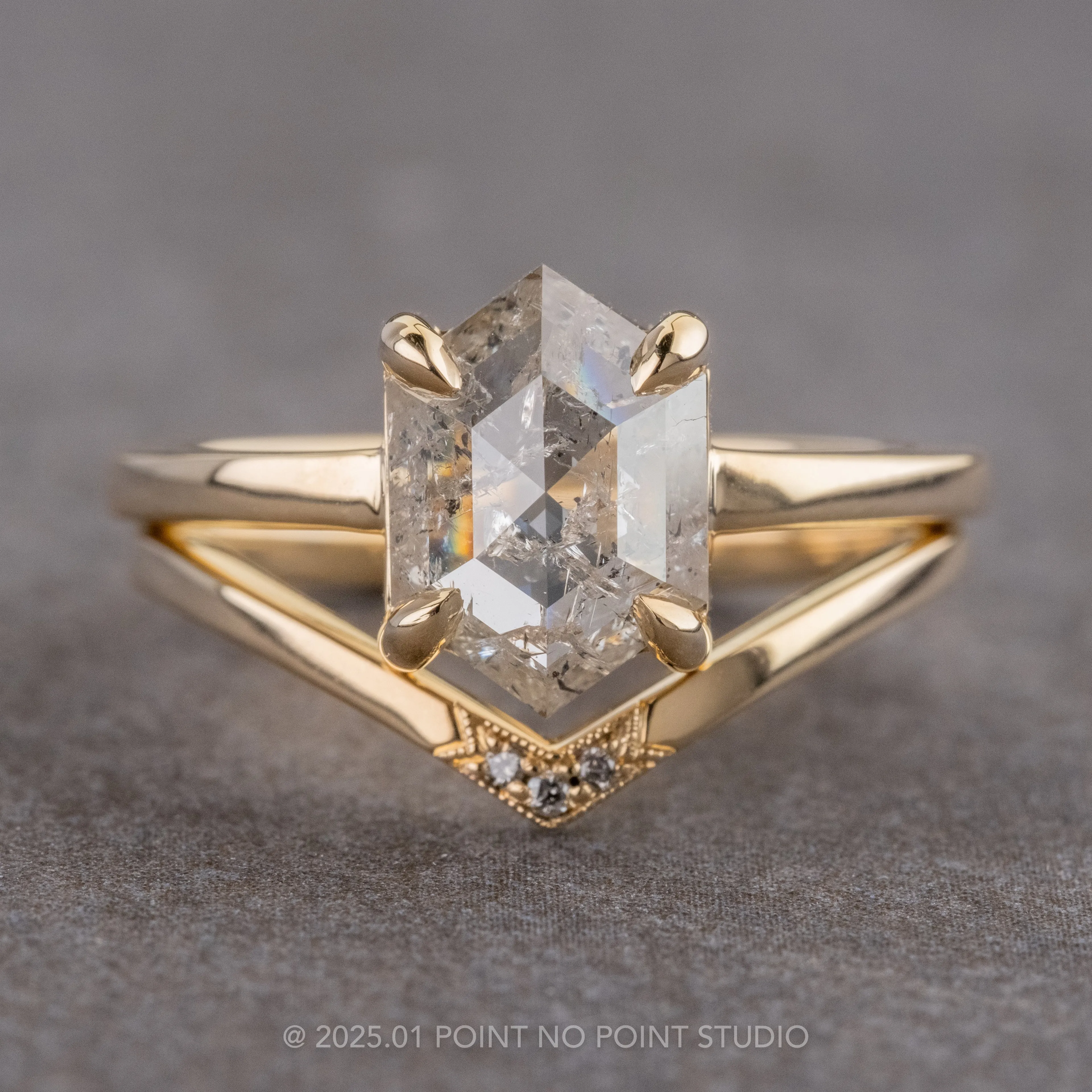 Triple Grey Diamond Wedding Band, Milgrain Vivian Setting, 14k Yellow Gold