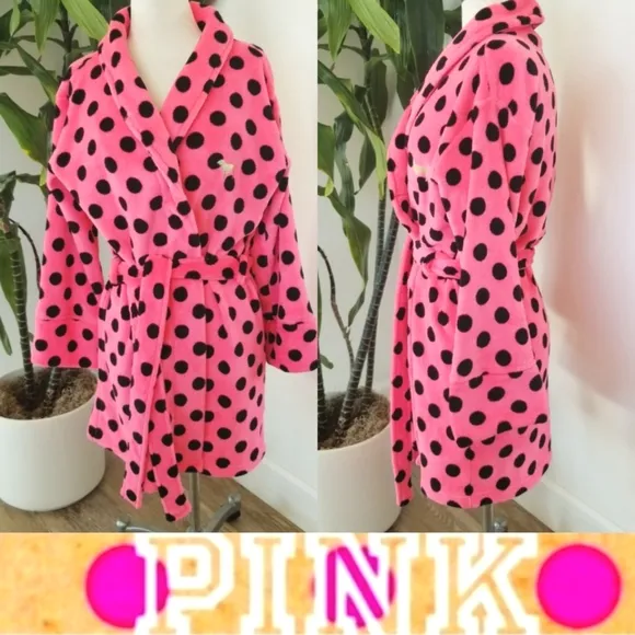 Victoria's Secret PINK Vintage Plush Polka Dot Soft Bathrobe Iconic Puppy Dog