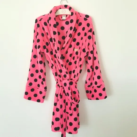 Victoria's Secret PINK Vintage Plush Polka Dot Soft Bathrobe Iconic Puppy Dog
