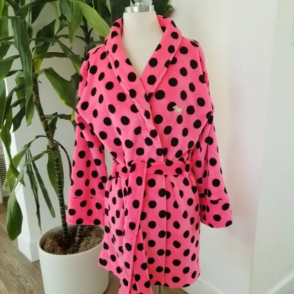 Victoria's Secret PINK Vintage Plush Polka Dot Soft Bathrobe Iconic Puppy Dog