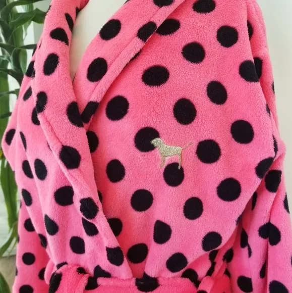 Victoria's Secret PINK Vintage Plush Polka Dot Soft Bathrobe Iconic Puppy Dog
