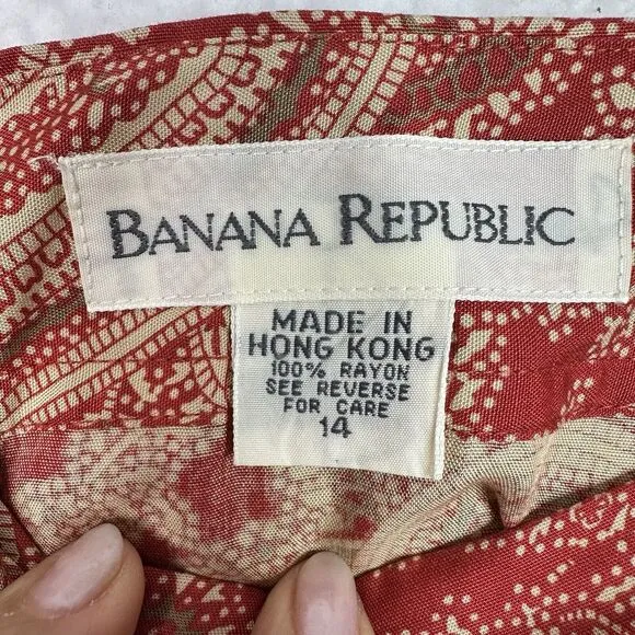 Vintage Banana Republic Wrap Skirt Sz 14 Red Beige Paisley Print Midi Buttons