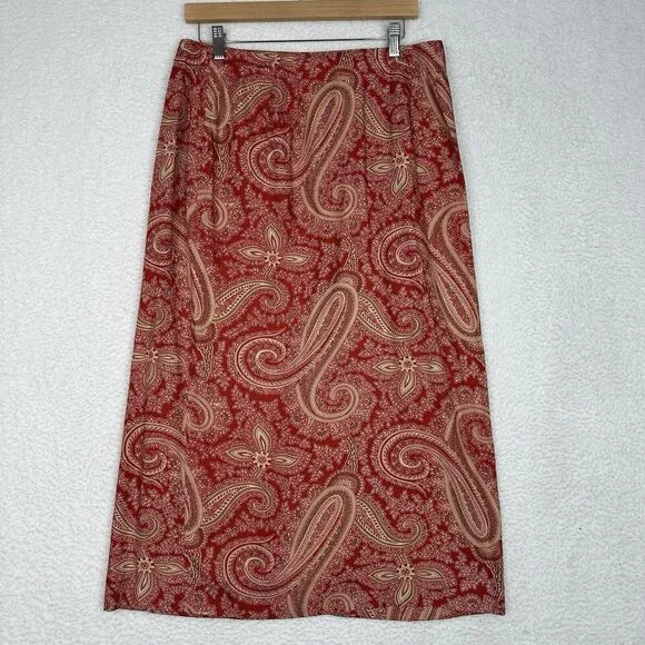 Vintage Banana Republic Wrap Skirt Sz 14 Red Beige Paisley Print Midi Buttons
