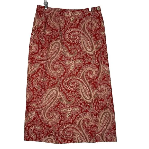Vintage Banana Republic Wrap Skirt Sz 14 Red Beige Paisley Print Midi Buttons