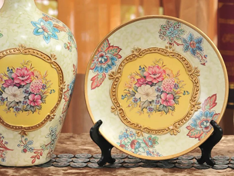 Vintage Collection 3-Piece Ceramic Vase Set – Elegant Yellow Ceramic Vases with Golden Band and Floral Design
