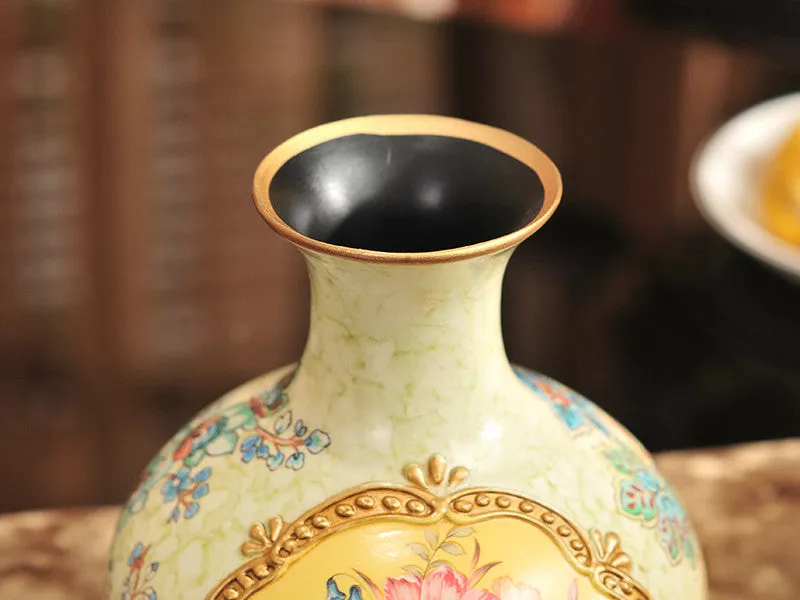 Vintage Collection 3-Piece Ceramic Vase Set – Elegant Yellow Ceramic Vases with Golden Band and Floral Design