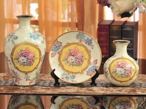 Vintage Collection 3-Piece Ceramic Vase Set – Elegant Yellow Ceramic Vases with Golden Band and Floral Design