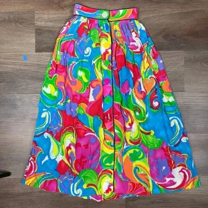 Vintage Dorothy Schoelen Colorful Pleated Floral Midi Skirt XXS XS 00 0 80s VTG