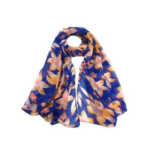 Vintage Flourishing Flowers Pattern Silky Chiffon Scarf - Royal