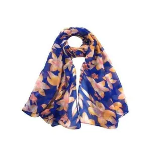 Vintage Flourishing Flowers Pattern Silky Chiffon Scarf - Royal