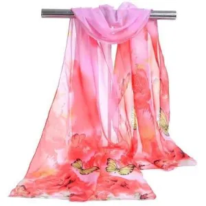Vintage Flying Butterfly Pattern Two Tone Silky Chiffon Scarf - Papaya