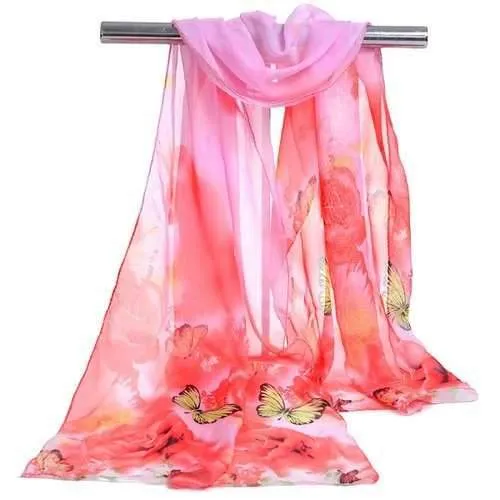 Vintage Flying Butterfly Pattern Two Tone Silky Chiffon Scarf - Papaya
