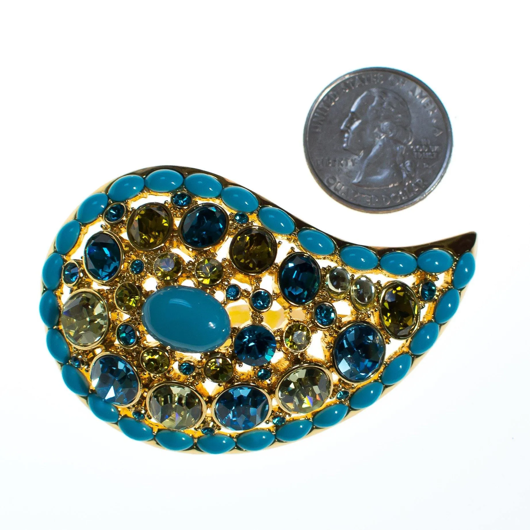 Vintage Joan Rivers Paisley Turquoise, Blue and Light Green Crystal Rhinestone Brooch