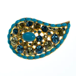 Vintage Joan Rivers Paisley Turquoise, Blue and Light Green Crystal Rhinestone Brooch