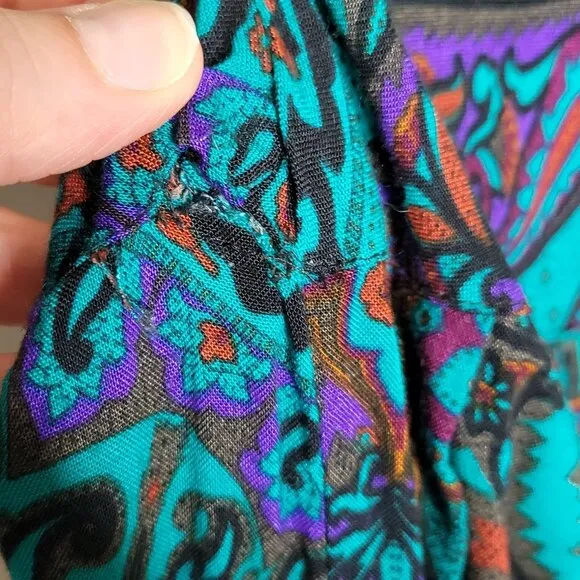 Vintage Surplice empire waist secretary fit n flare dress paisley print teal sz