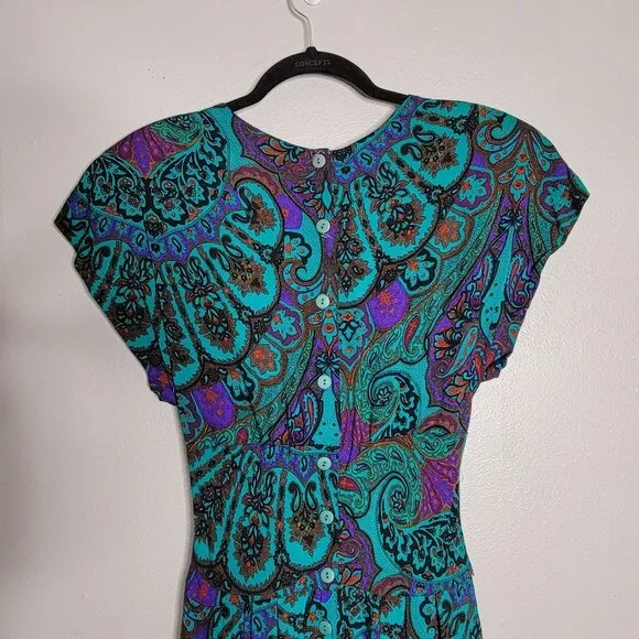Vintage Surplice empire waist secretary fit n flare dress paisley print teal sz