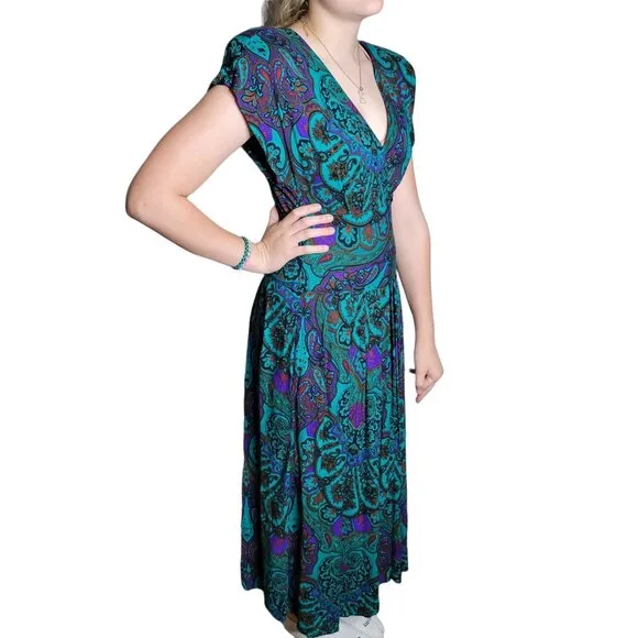 Vintage Surplice empire waist secretary fit n flare dress paisley print teal sz