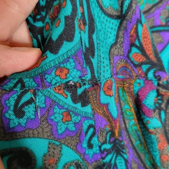 Vintage Surplice empire waist secretary fit n flare dress paisley print teal sz