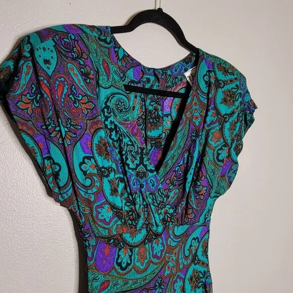 Vintage Surplice empire waist secretary fit n flare dress paisley print teal sz