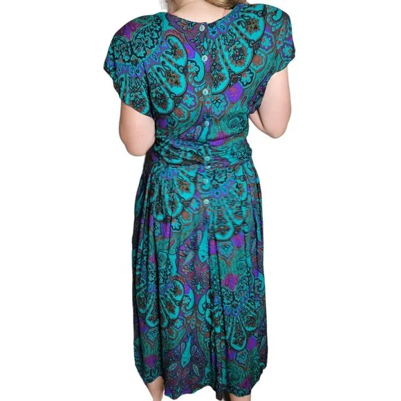 Vintage Surplice empire waist secretary fit n flare dress paisley print teal sz
