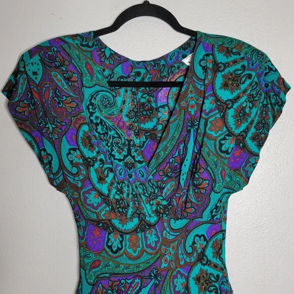 Vintage Surplice empire waist secretary fit n flare dress paisley print teal sz