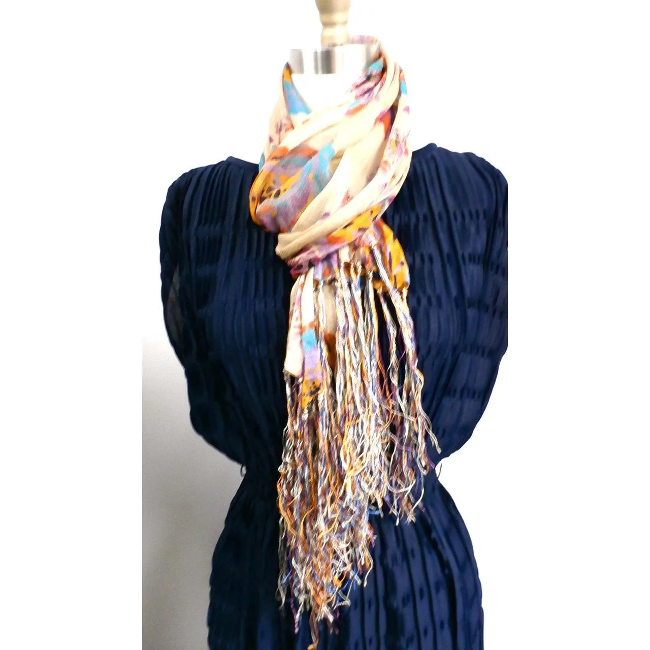 Vintage Womens Silk  Textured Scarf 1920s Floral Orange/Blue Long