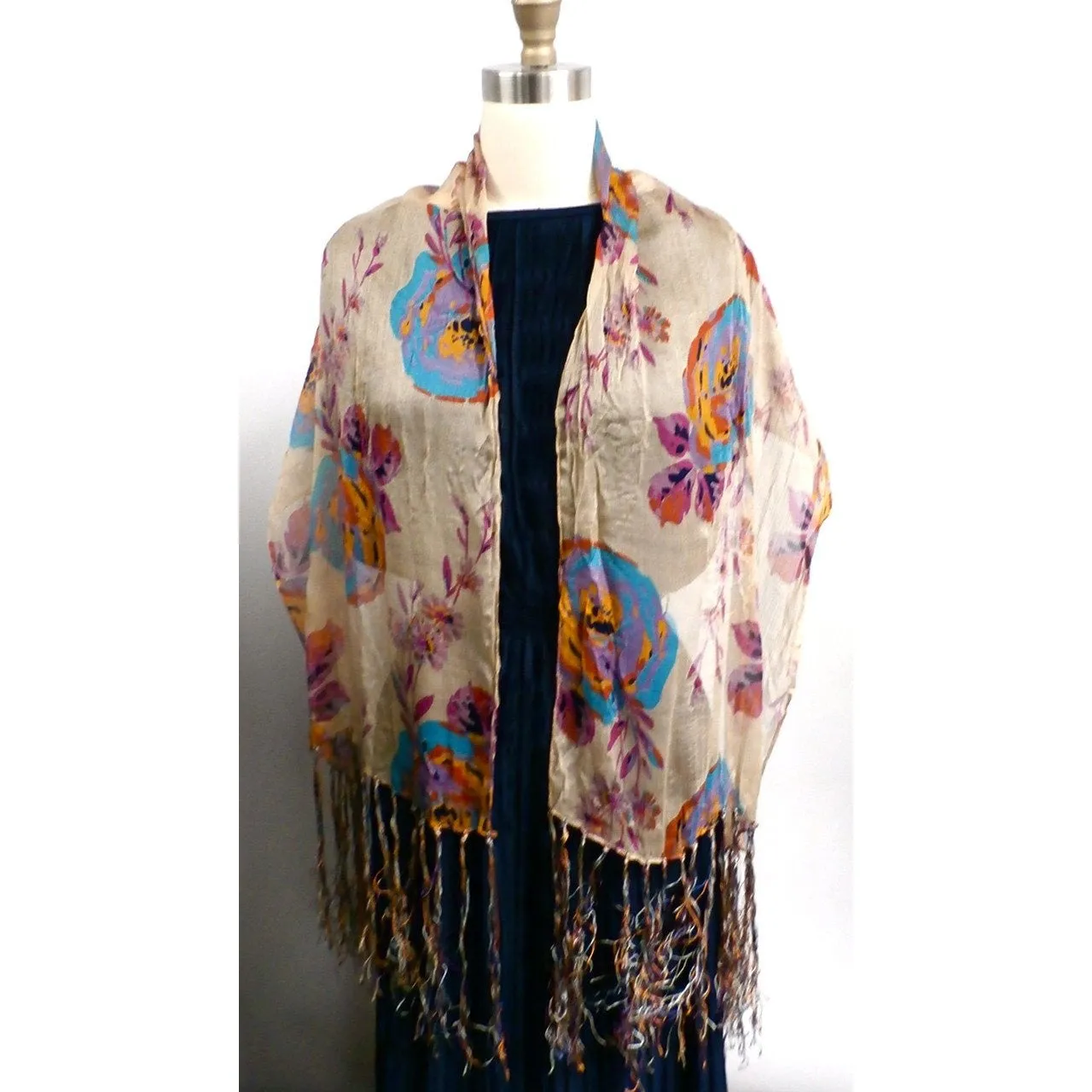 Vintage Womens Silk  Textured Scarf 1920s Floral Orange/Blue Long