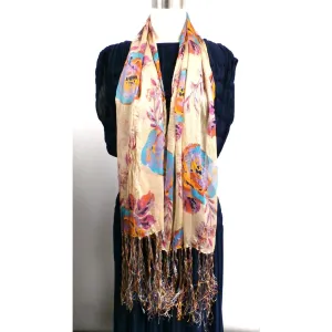Vintage Womens Silk  Textured Scarf 1920s Floral Orange/Blue Long