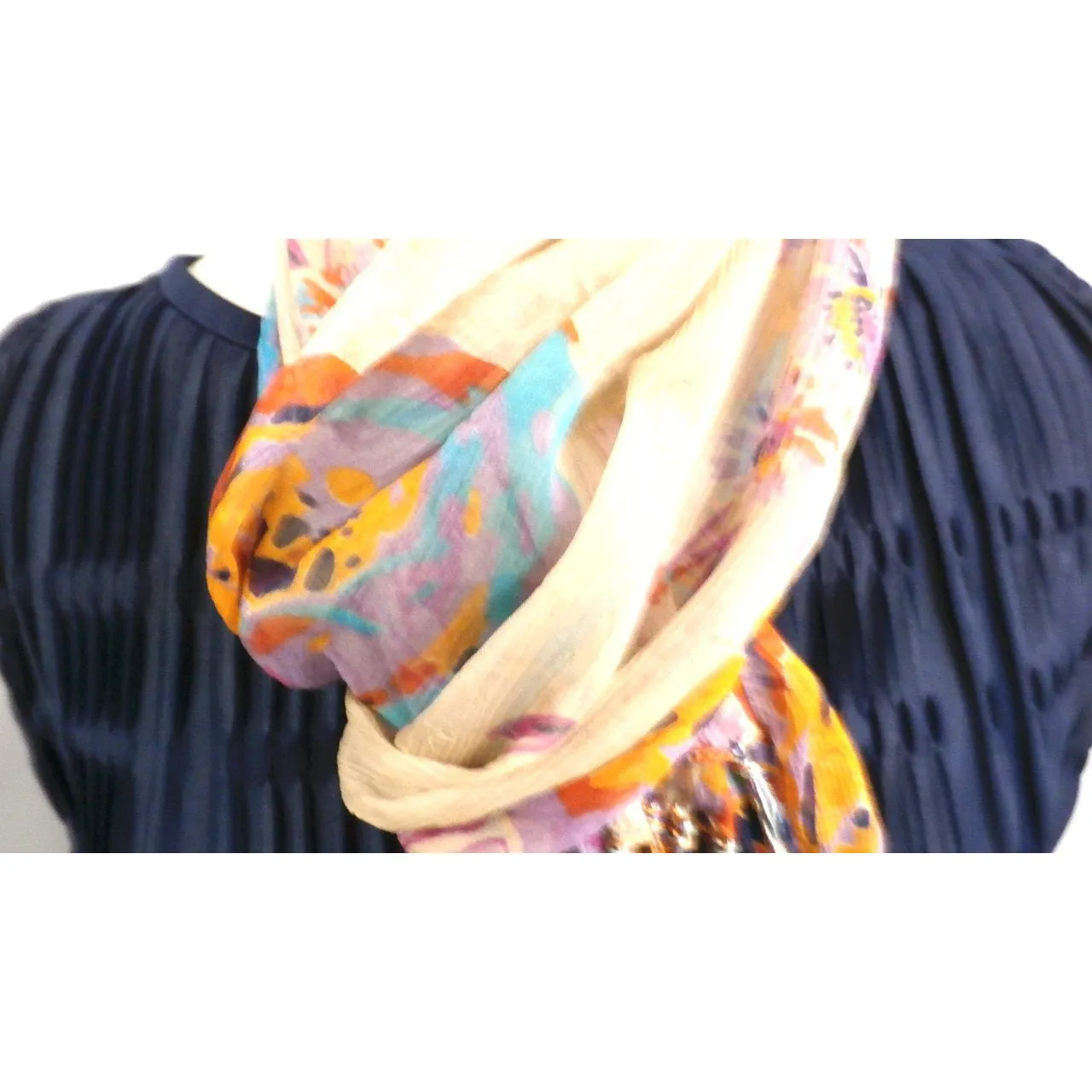 Vintage Womens Silk  Textured Scarf 1920s Floral Orange/Blue Long