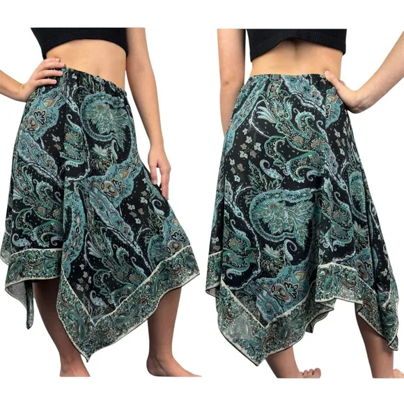 Vintage Y2K 90's Whimsigoth Fairy Asymmetric Hem Paisley Midi Skirt Teal Sz PXS